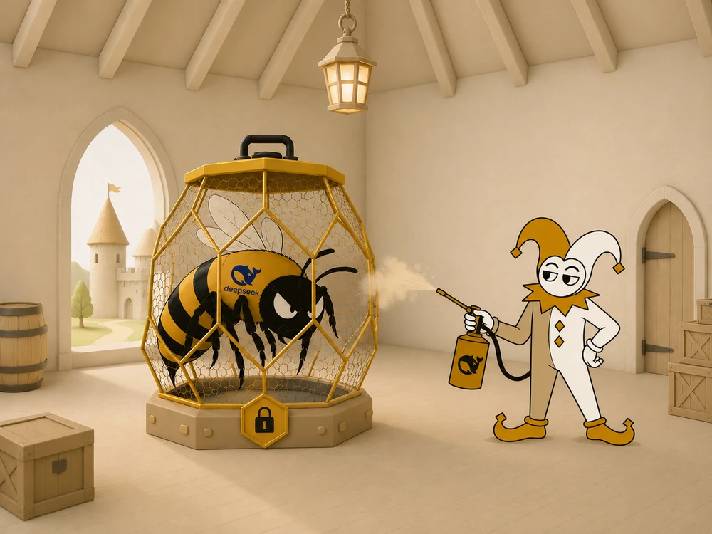 A beehive interior, with a bee on the comb and Archi holding a smoker